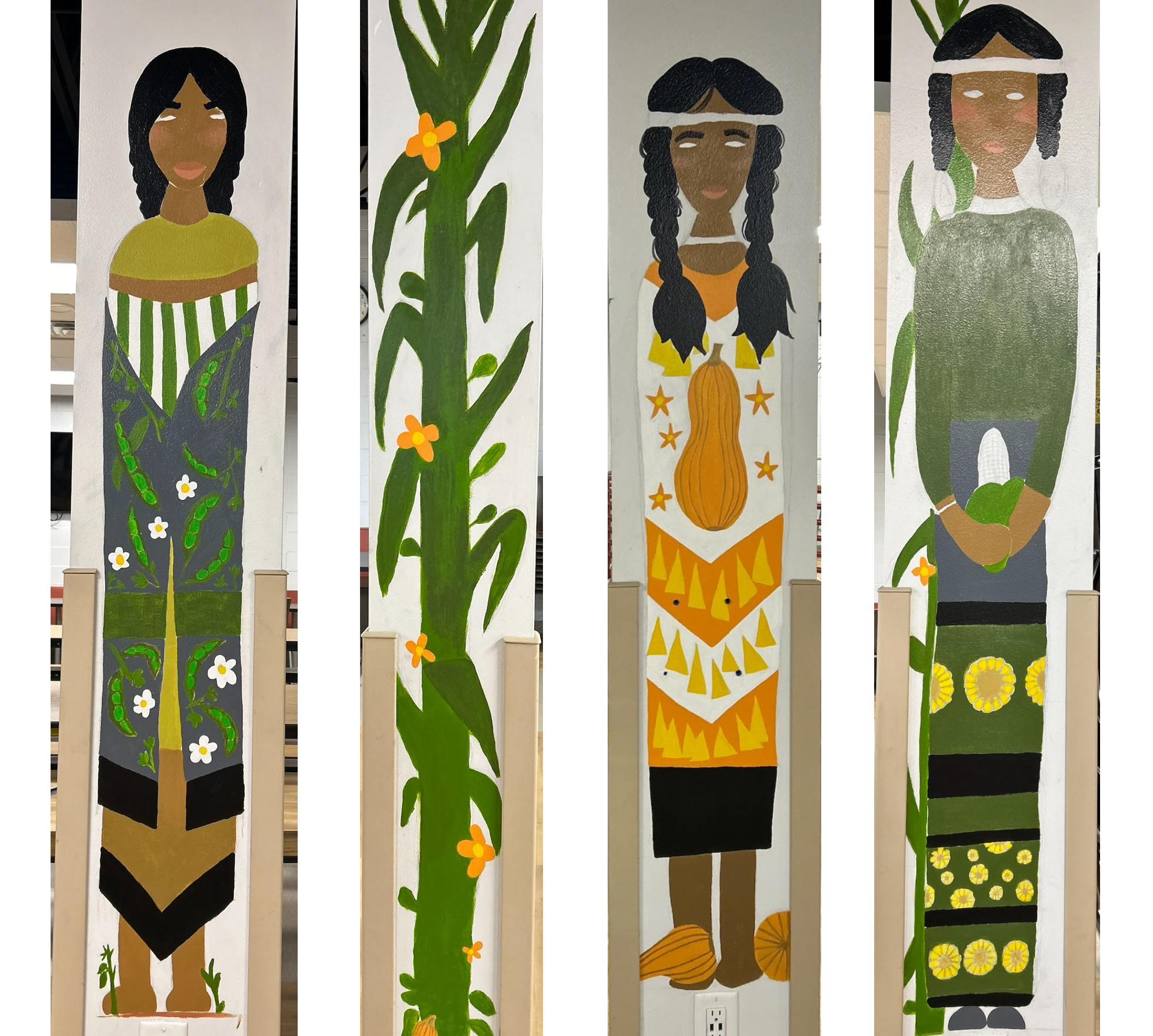 Four vertical murals of figures and plant motifs related to the "Three Sisters" and sunflower theme.